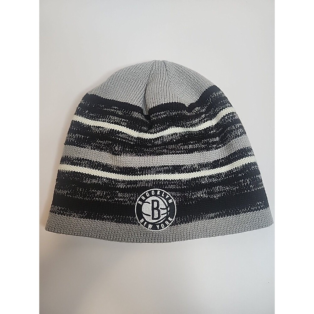 Brooklyn Nets NBA Striped Black Gray White Knit Hat 100% Acrylic EUC